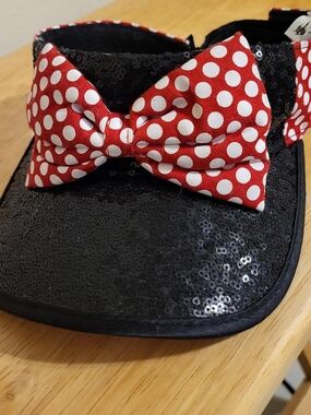 Disney Kids Black Sequin Visor with Red and White Polka Dot Bow